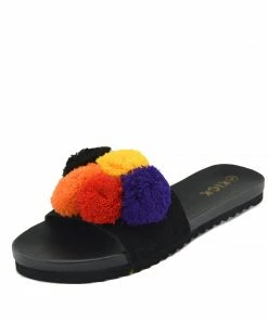 Kickfootwear WOMENS Leather Pom Pom Premium Sliders - Black