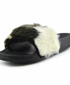 Kickfootwear WOMENS Leather Pom Pom Premium Sliders - Black