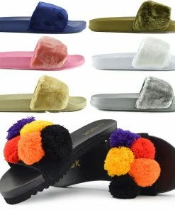 Kickfootwear WOMENS Leather Pom Pom Premium Sliders - Black