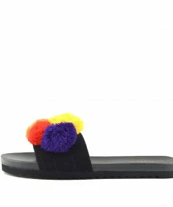 Kickfootwear WOMENS Leather Pom Pom Premium Sliders - Black