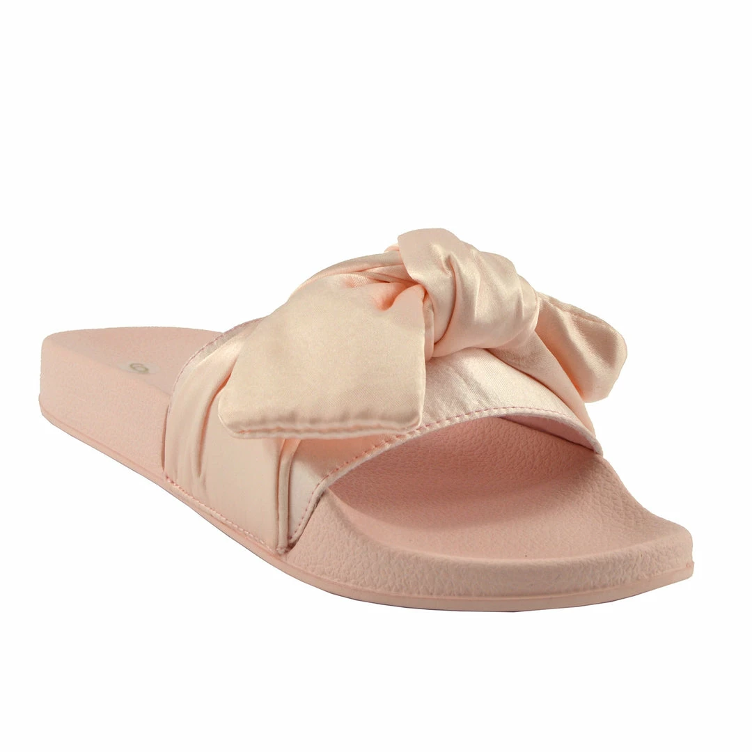 Kickfootwear WOMENS Satin Bow Sliders Lightweight Sandal- Pink 3 Kickfootwear WOMENS Satin Bow Sliders Lightweight Sandal- Pink