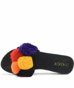 Kickfootwear WOMENS Leather Pom Pom Premium Sliders - Black