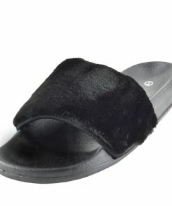 Kickfootwear WOMENS Leather Pom Pom Premium Sliders - Black