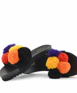 Kickfootwear WOMENS Leather Pom Pom Premium Sliders - Black