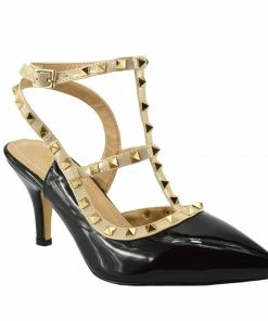 Kickfootwear Patent Low Heel Stud Court Shoes - Black NF906 WOMENS