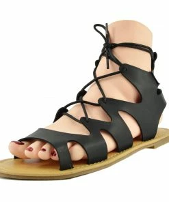 Kickfootwear Leah Flat Gladiator Lace Up Sandals - Black WOMENS