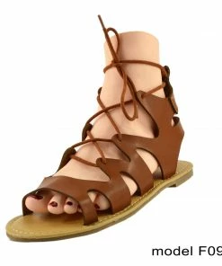 Kickfootwear Leah Flat Gladiator Lace Up Sandals - Tan WOMENS