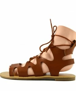 Kickfootwear Leah Flat Gladiator Lace Up Sandals - Tan WOMENS