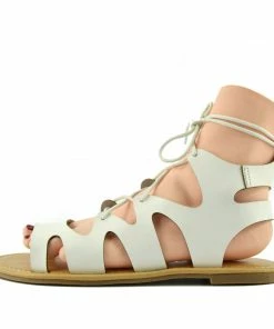 Kickfootwear WOMENS Leah Flat Gladiator Lace Up Sandals - White
