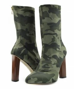 Kickfootwear WOMENS Block Heel Stretch Lycra Military Booties - Khaki