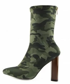 Kickfootwear WOMENS Block Heel Stretch Lycra Military Booties - Khaki