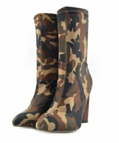 Kickfootwear Khloe Camo High Sock Stretch Block Heel Boots - Tan