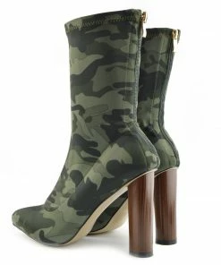 Kickfootwear WOMENS Block Heel Stretch Lycra Military Booties - Khaki