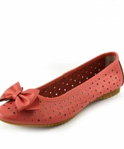 Kickfootwear WOMENS Arden Bow Detail Flat Ballet Slip On Leather Shoes - Coral