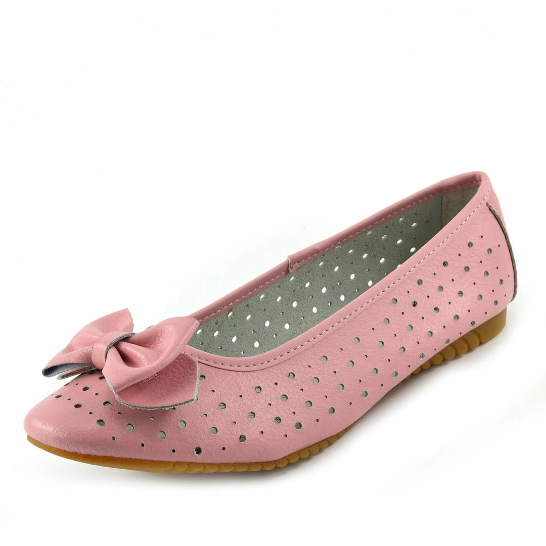 Kickfootwear WOMENS Arden Bow Detail Flat Ballet Slip On Leather Shoes - Pink 1 Kickfootwear WOMENS Arden Bow Detail Flat Ballet Slip On Leather Shoes - Pink