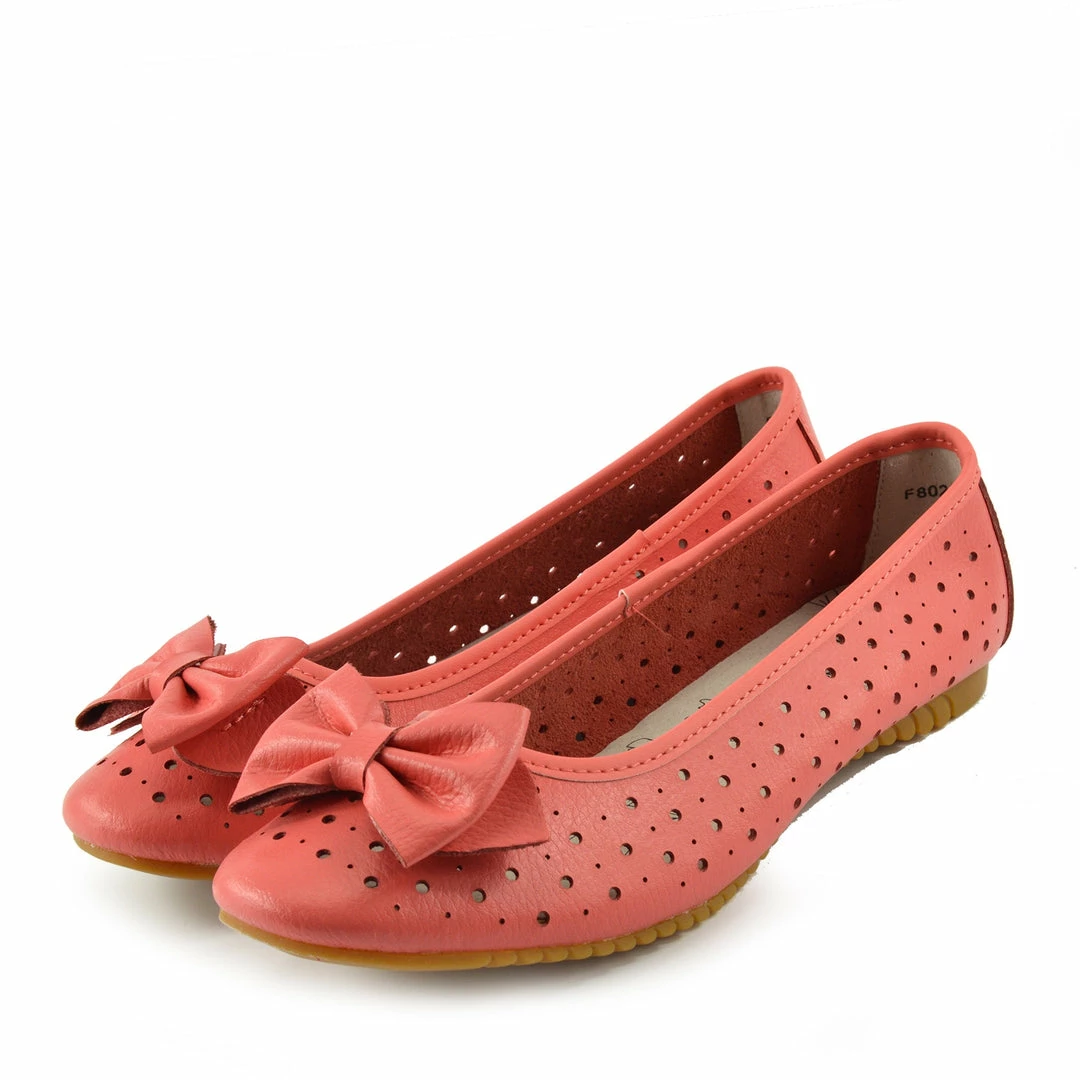 Kickfootwear WOMENS Arden Bow Detail Flat Ballet Slip On Leather Shoes - Coral 3 Kickfootwear WOMENS Arden Bow Detail Flat Ballet Slip On Leather Shoes - Coral
