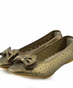 Kickfootwear Arden Bow Detail Flat Ballet Slip On Leather Shoes - Bronze WOMENS