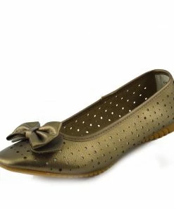 Kickfootwear Arden Bow Detail Flat Ballet Slip On Leather Shoes - Bronze WOMENS