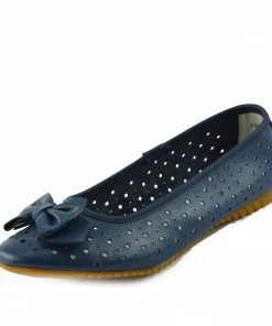 Kickfootwear Arden Bow Detail Flat Ballet Slip On Leather Shoes - Navy WOMENS