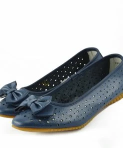 Kickfootwear Arden Bow Detail Flat Ballet Slip On Leather Shoes - Navy WOMENS