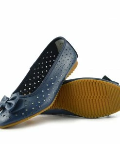 Kickfootwear Arden Bow Detail Flat Ballet Slip On Leather Shoes - Navy WOMENS