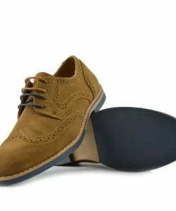 Kickfootwear Mens Casual Suit Suede Formal Office Smart Work Lace Up Oxford Brogue Shoes - Tan - Navy