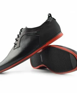 Kickfootwear MENS Smart Leather Casual Black Lace Up Shoes - Black-Red