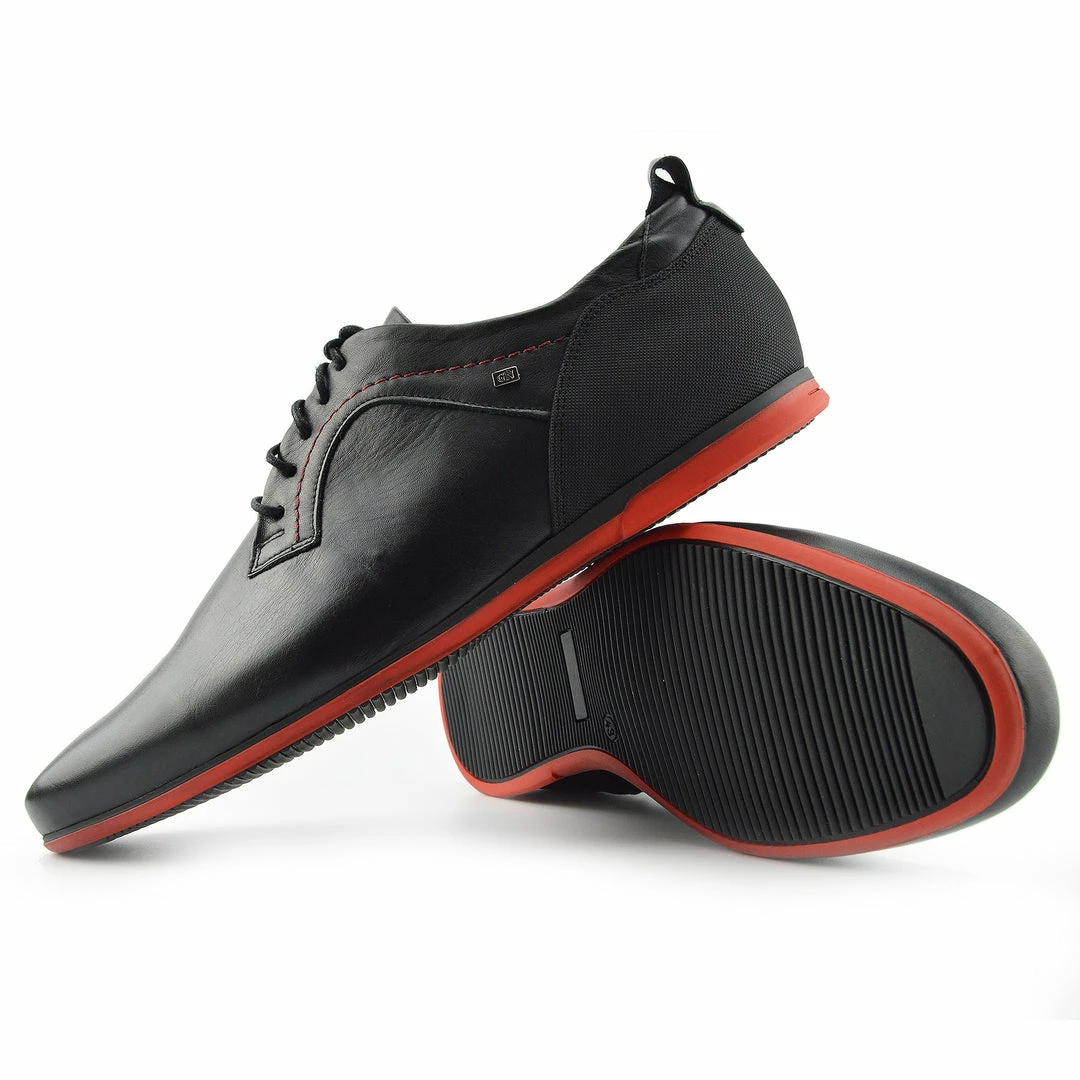Kickfootwear MENS Smart Leather Casual Black Lace Up Shoes - Black-Red 2 Kickfootwear MENS Smart Leather Casual Black Lace Up Shoes - Black-Red