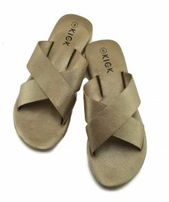 Kickfootwear Zadie Leather Comfort Sole Cross Sliders - Gold WOMENS 5 Kickfootwear Zadie Leather Comfort Sole Cross Sliders - Gold WOMENS