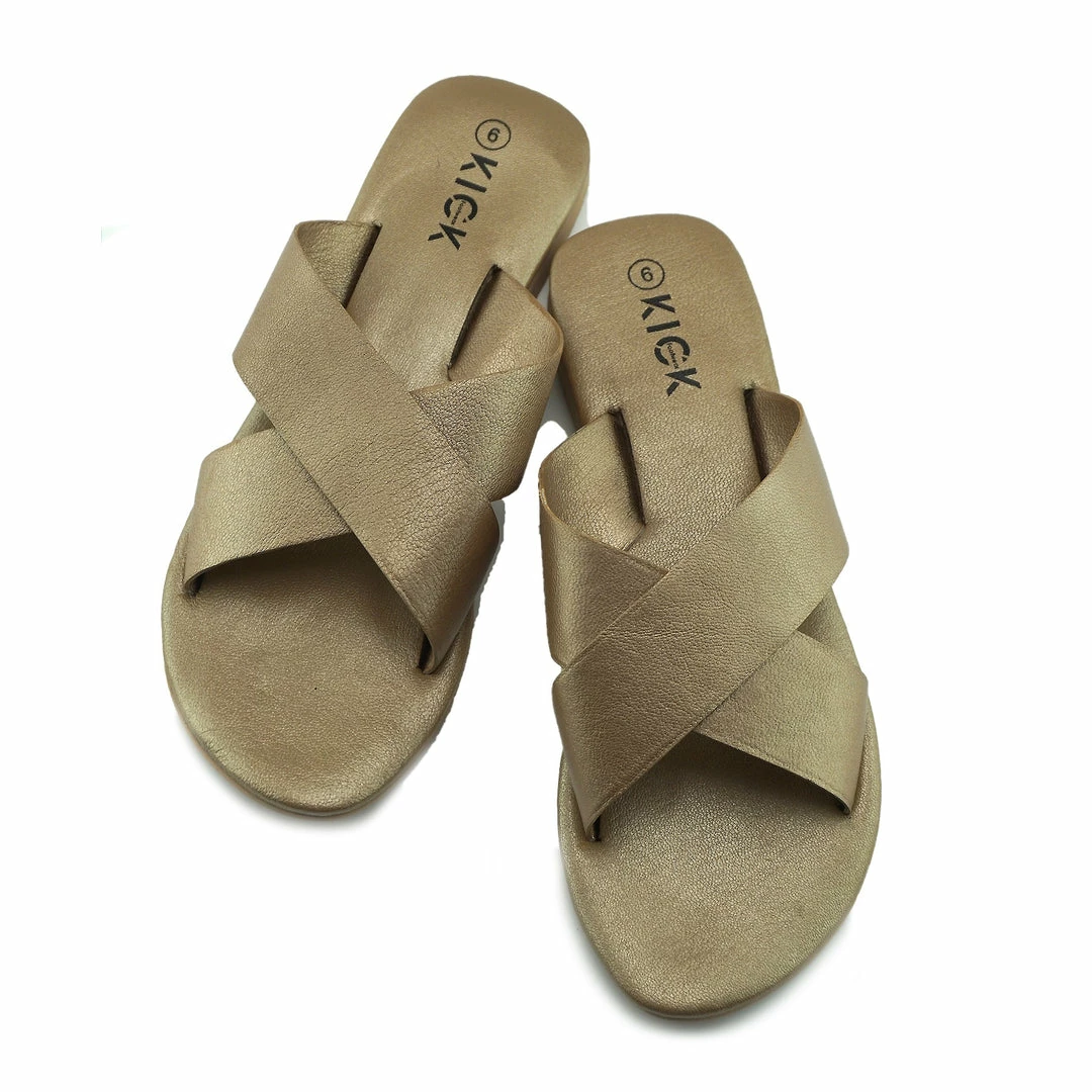 Kickfootwear Zadie Leather Comfort Sole Cross Sliders - Gold WOMENS 2 Kickfootwear Zadie Leather Comfort Sole Cross Sliders - Gold WOMENS