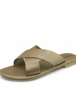 Kickfootwear Zadie Leather Comfort Sole Cross Sliders - Gold WOMENS