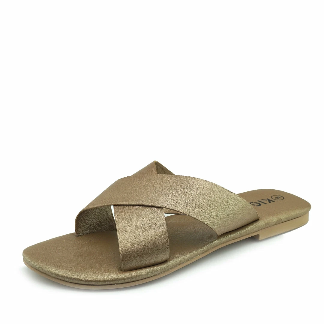 Kickfootwear Zadie Leather Comfort Sole Cross Sliders - Gold WOMENS 1 Kickfootwear Zadie Leather Comfort Sole Cross Sliders - Gold WOMENS