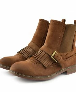 Kickfootwear Brogue Detail Pull On Fringe Chelsea Style Boots - Tan