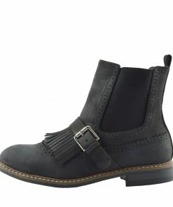 Kickfootwear Brogue Detail Pull On Fringe Chelsea Style Boots - Black WOMENS