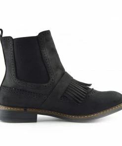 Kickfootwear Brogue Detail Pull On Fringe Chelsea Style Boots - Black WOMENS