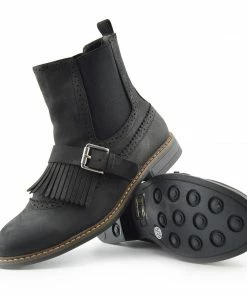 Kickfootwear Brogue Detail Pull On Fringe Chelsea Style Boots - Black WOMENS