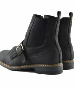 Kickfootwear Brogue Detail Pull On Fringe Chelsea Style Boots - Black WOMENS