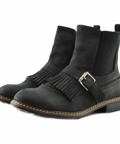 Kickfootwear Brogue Detail Pull On Fringe Chelsea Style Boots - Black WOMENS