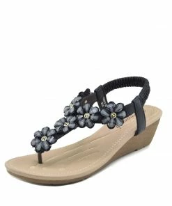Kickfootwear Wedge Floral Beaded T Bar Sandals - Black