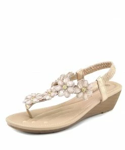 Kickfootwear Wedge Floral Beaded T Bar Sandals - Gold WOMENS