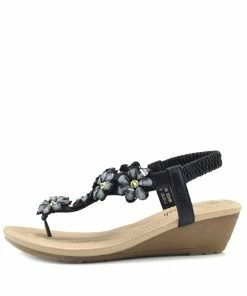 Kickfootwear Wedge Floral Beaded T Bar Sandals - Black