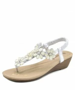Kickfootwear Wedge Floral Beaded T Bar Sandals - Silver
