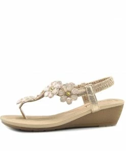 Kickfootwear Wedge Floral Beaded T Bar Sandals - Gold WOMENS