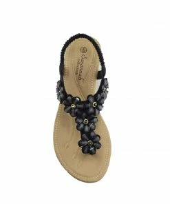 Kickfootwear Wedge Floral Beaded T Bar Sandals - Black