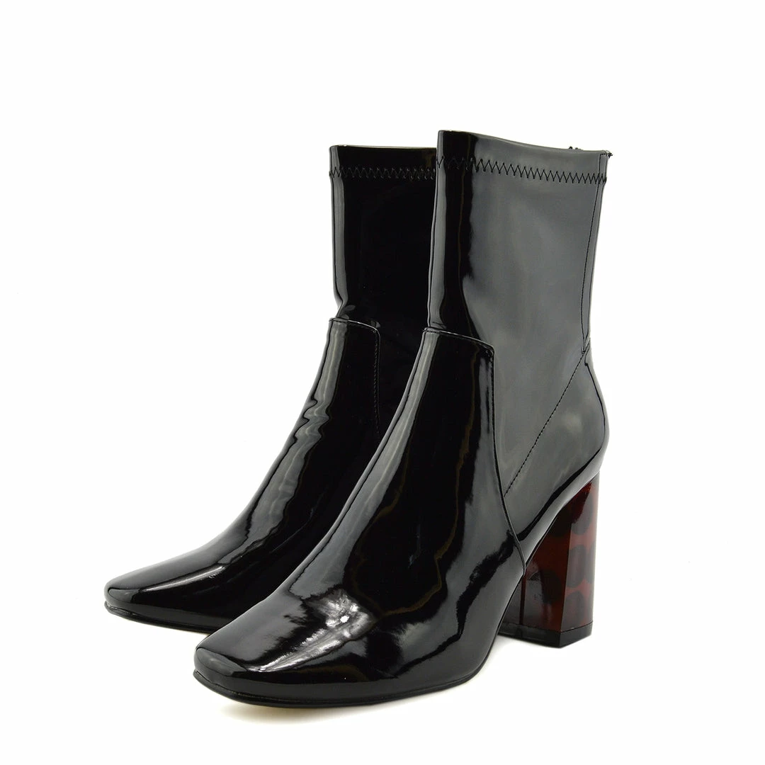 Kickfootwear WOMENS Coco Retro Tortoise Block Heel Sock Boot - Black Patent 5 Kickfootwear WOMENS Coco Retro Tortoise Block Heel Sock Boot - Black Patent
