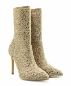 Kickfootwear WOMENS Flaunt Glitter Mesh Sock Party Stiletto Boots - Nude