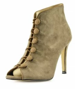 Kickfootwear WOMENS Sofia Peep Toe Button Stiletto Heel Ankle Booties - Taupe