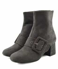 Kickfootwear Megan Retro Buckle Block Heel Casual Boot - Grey