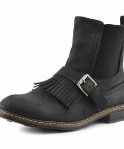 Kickfootwear Brogue Detail Pull On Fringe Chelsea Style Boots - Black WOMENS