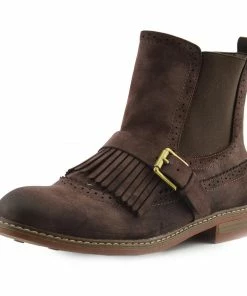 Kickfootwear Brogue Detail Pull On Fringe Chelsea Style Boots - Brown WOMENS